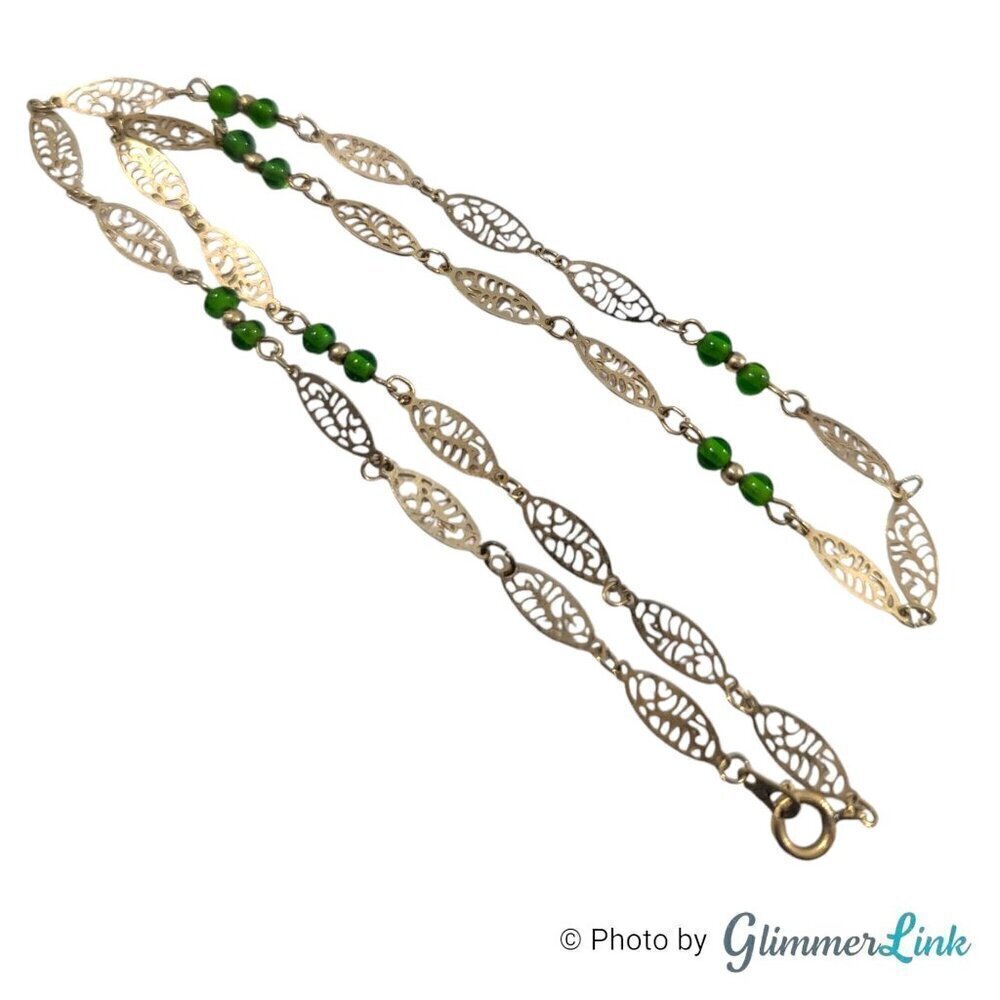 Vintage Filigree Oval Link Green Seed Bead Gold Tone Station Necklace - Picture 2 of 9